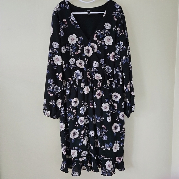 Aqua Curve Dress 2X Floral Smoked Waist LS Midi Ruffle Hem Lined V Neck USA Made - Picture 1 of 16